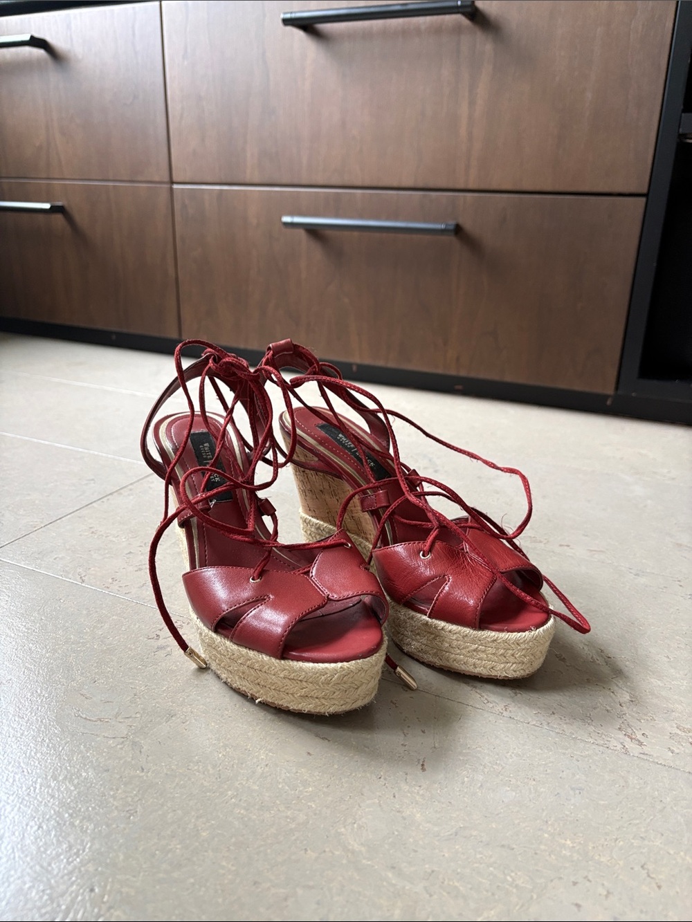 White House/Black Market - Women’s Red Lace-Up Espadrille Wedge Sandals
